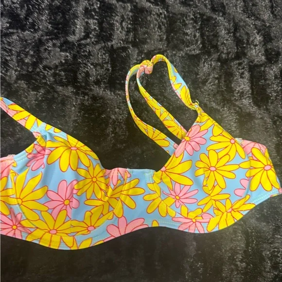 Floral Daisy Bikini One-Piece for Kids - Yellow & Pink Flowers on Blue - Picture 6 of 7